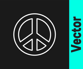 White line Peace icon isolated on black background. Hippie symbol of peace. Vector.