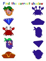Shadow matching page with pirates stock vector illustration. Find the correct shadow and connect to little pictures. Printable vertical logic activity page for children. One of a series.