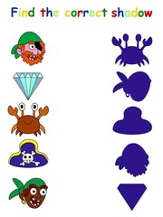 Fototapeta premium Amusing pirate shadow matching game stock vector illustration. Funny simple educational game for preschool and school children. Cartoon pirate printable vertical game for fun and write practice. 