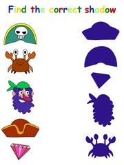 Find the correct shadow funny game for kids with pirate stock vector illustration. Pirate shadow matching printable game for preschool children. Simple educational kindergarten kids activity book page