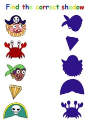Funny educational pirate game - find the correct shadow stock vector illustration. Shadow matching visual game for kids with two smiling pirates, funny crab, yellow brilliand and pirate skull hat.