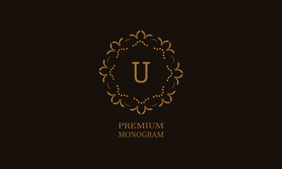 Luxury monogram design with the letter of the alphabet U. Elegant logo of the emblem of a restaurant, hotel, business. Can be used for invitations, booklets, postcards.