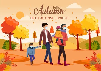 cute happy family walking in nature. Hello Autumn Vector illustration with beautiful landscape . covid-19, corona virus concept