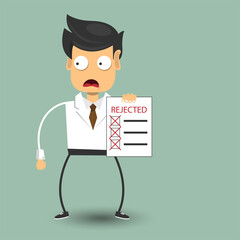 Rejected CV. Sad man and resume in hands. Recruiting, employment, human resources, team management concept. Flat vector illustration