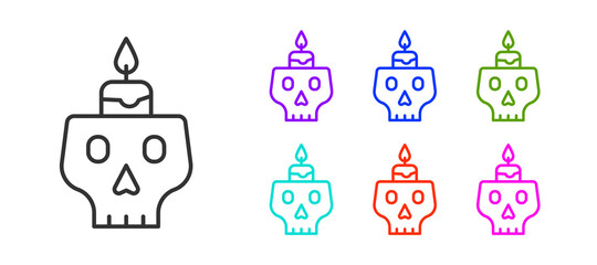 Black line Burning candle on a skull icon isolated on white background. Day of dead. Set icons colorful. Vector.