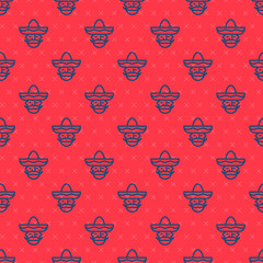 Blue line Mexican man wearing sombrero icon isolated seamless pattern on red background. Hispanic man with a mustache. Vector.