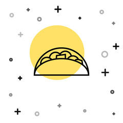 Black line Taco with tortilla icon isolated on white background. Traditional mexican fast food menu. Random dynamic shapes. Vector.