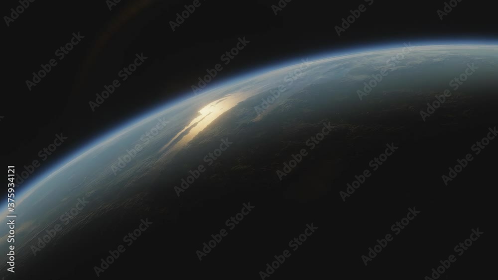 Wall mural terraformed planet mars. view from space to mars with oceans and plants spacecraft flies near terraf