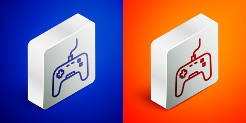 Isometric line Gamepad icon isolated on blue and orange background. Game controller. Silver square button. Vector.