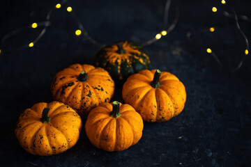 Creative autumn composition. pumpkins on a dark background with copy space. concept of harvest,...