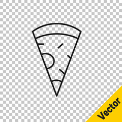 Black line Slice of pizza icon isolated on transparent background. Fast food menu. Vector.