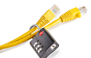 A locked padlock and a two network cable isolated on white background. Concept of computer network...