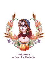 Santa Muerte watercolor Halloween portrait.