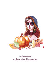 Santa Muerte watercolor Halloween portrait.