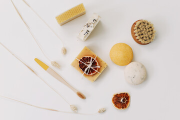 Zero waste kitchen accessories, natural organic soap. Concept of plastic free and eco friendly products in household, top view