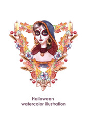 Santa Muerte watercolor Halloween portrait.