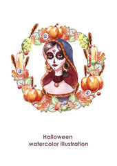 Santa Muerte watercolor Halloween portrait.