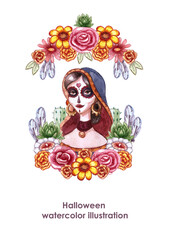 Santa Muerte watercolor Halloween portrait.