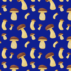 seamless pattern with porcini mushrooms on a blue background
