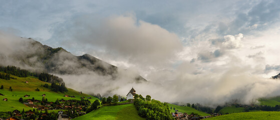 Le Temple - Chateau d'Oex church on the hill, Switzerland	