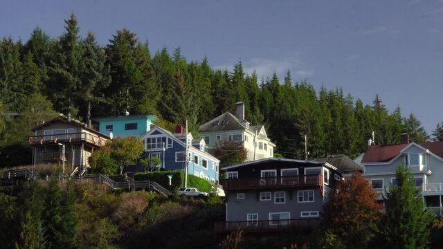 Ketchikan, Alaska /US - June 20th 2019: Elevated local houses on the Nob Hill above the town