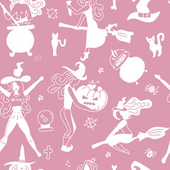 Halloween seamless pattern for girls. Young witch pink halloween illustration for kids girly background.