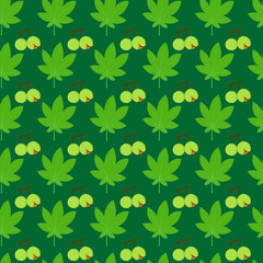 Pattern of leaves and chestnuts on a green background
