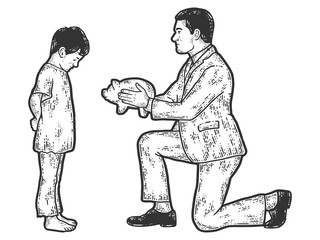 Charity. Businessman gives a piggy bank, finances to a poor child.