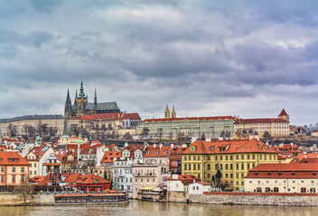 Naklejka na ściany i meble Mala Strana, also known as Lesser Town, and Prague Castle as seen from Charles Bridge in Prague, Czech Republic. 