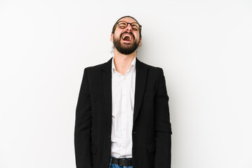Young caucasian business man isolated on a white background relaxed and happy laughing, neck stretched showing teeth.