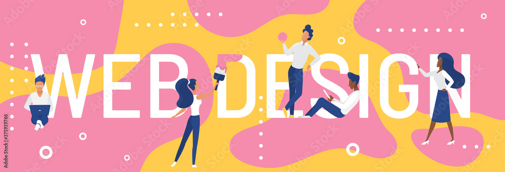 Poster Web design word concept vector illustration. Cartoon flat designer developer people standing next to big web design lettering text, developing and designing creative art webpage interface background