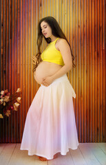 Fototapeta premium portrait of happy young pregnant woman stands near wooden wall