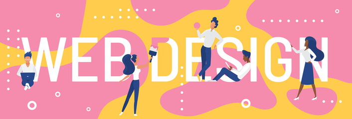 Web design word concept vector illustration. Cartoon flat designer developer people standing next to big web design lettering text, developing and designing creative art webpage interface background