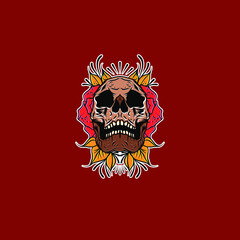 Hand Drawn Tattoo Style Skull And Flowers Vector Illustration