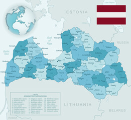 Fototapeta premium Blue-green detailed map of Latvia administrative divisions with country flag and location on the globe. Vector illustration