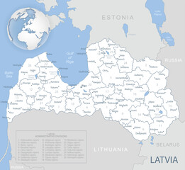 Blue-gray detailed map of Latvia administrative divisions and location on the globe. Vector illustration