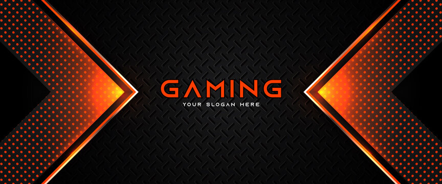 Futuristic orange and black abstract gaming banner design with metal technology concept. Vector illustration for business corporate promotion, game header social media, live streaming background
