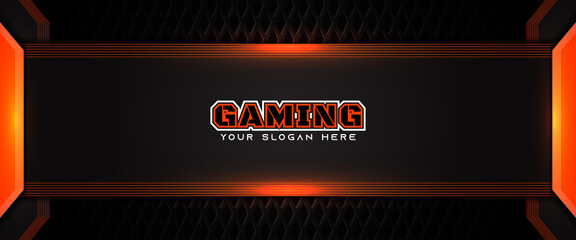 Futuristic orange and black abstract gaming banner design with metal technology concept. Vector illustration for business corporate promotion, game header social media, live streaming background