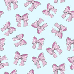 Beautiful seamless pattern made of pink ribbon bows and white hearts on blue background. Endless texture for wedding, baby, birthday party. Vector design. Modern pattern for surfaces.