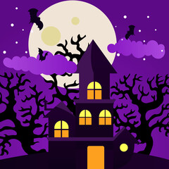 Halloween night with hauted house background, Illustration