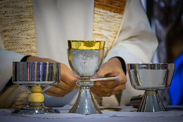 Chalice on the altar after the consecration of the Holy Eucharist