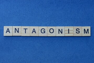 gray word antagonism in small square wooden letters with black font on a blue background