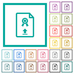 Upload certificate flat color icons with quadrant frames