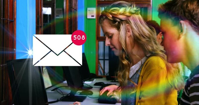 Envelope mail notification increasing over young people using laptop.