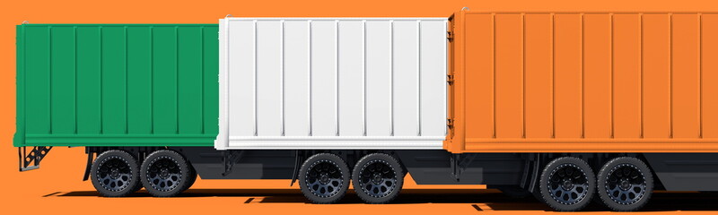 Trailer trucks form flag of Ireland on orange background. 3d rendering