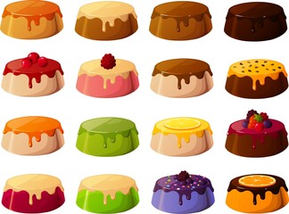 Vector illustration of various custards and jellies with sauce isolated onn white background.