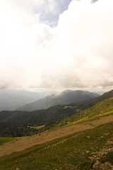 Fototapeta premium Magnificent panoramic view the coniferous forest on the mighty Mountains and beautiful blue sky background. Beauty of wild virgin Russian nature. Peacefulness.