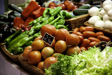 Tomatoes and peppers in a market