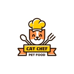 cat chef logo with chef hat, fork and spoon icon illustration in trendy simple and modern line linear cartoon style 