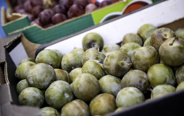 Green plums in a market